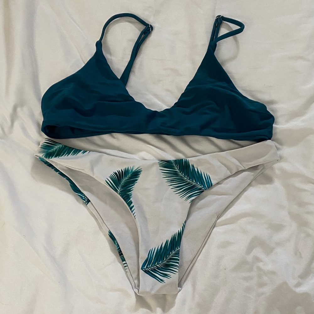 Zaful Dark Teal and White Leaf Bikini